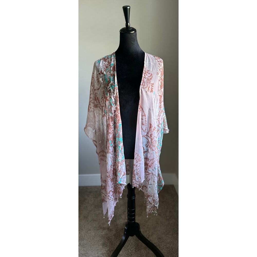 UNO ALLA VOLTA Pink Gold Semi Sheer Silk Beaded Silk Metallic Kimono One Size
